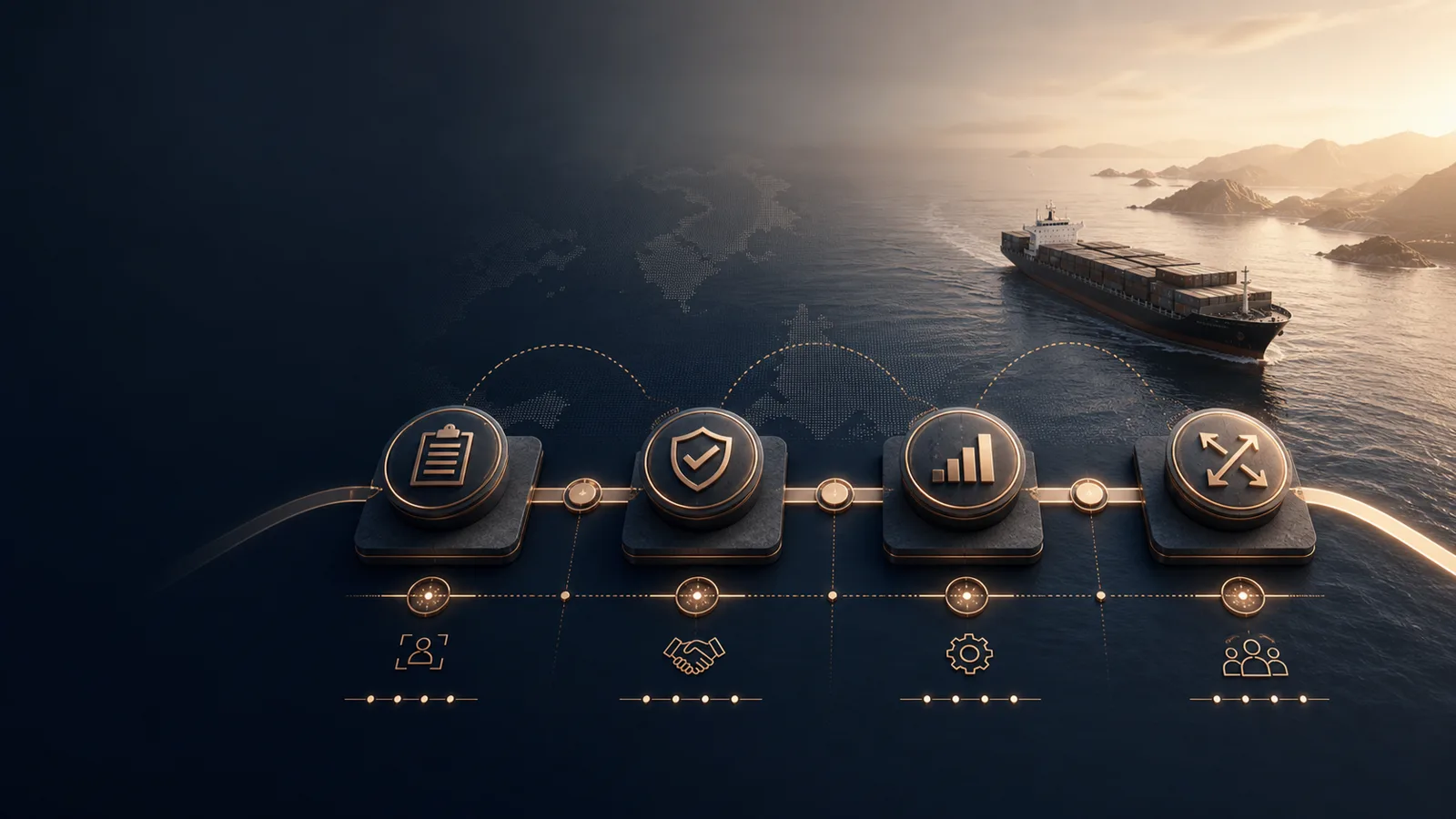 Four-step offshore delivery onboarding flow with role brief, governance, outcome and scaling icons