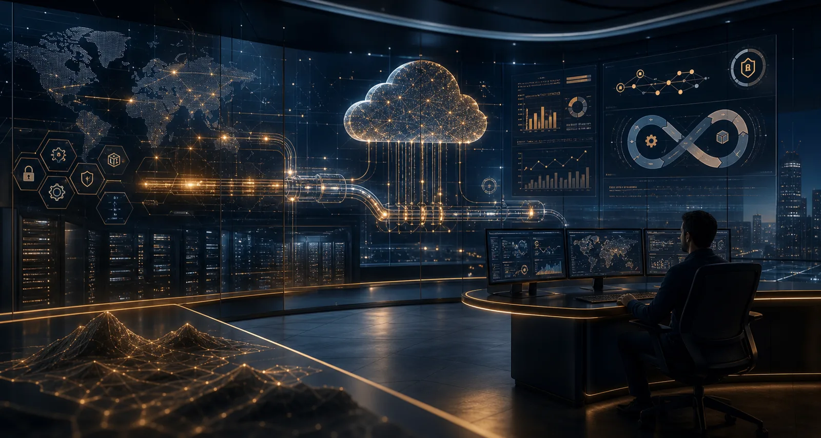 Abstract visual of connected cloud, data, DevOps and engineering systems