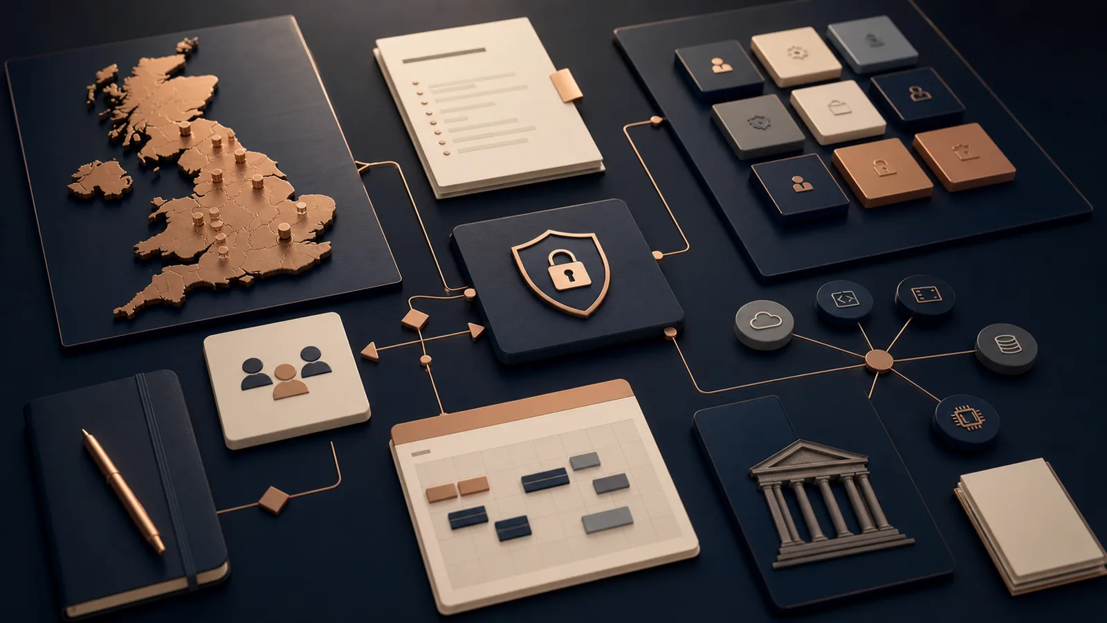 Abstract discovery briefing visual with UK map, role cards, calendar and secure technology nodes