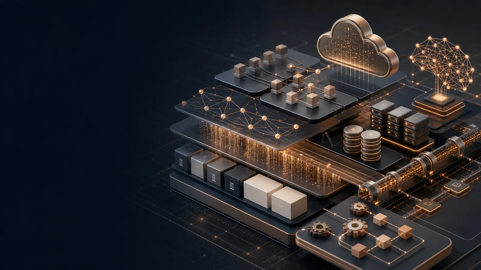 Layered technical architecture with cloud, data, AI, API and platform components